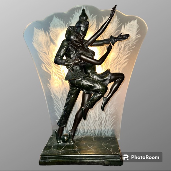 Vtg Art Deco Harlequin & Ballerina Lamp Cast Bronze Style Peacock - Picture 9 of 9